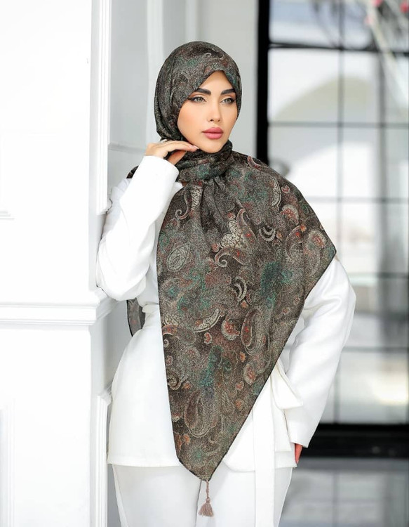 روسری نخی قواره 140.سبز وقهوه ایی