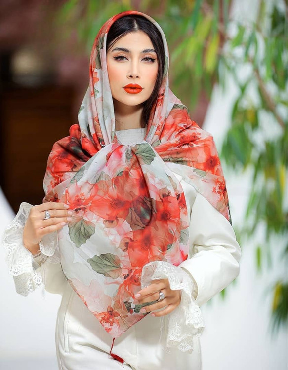 روسری نخی قواره 140.نارنجی سفید