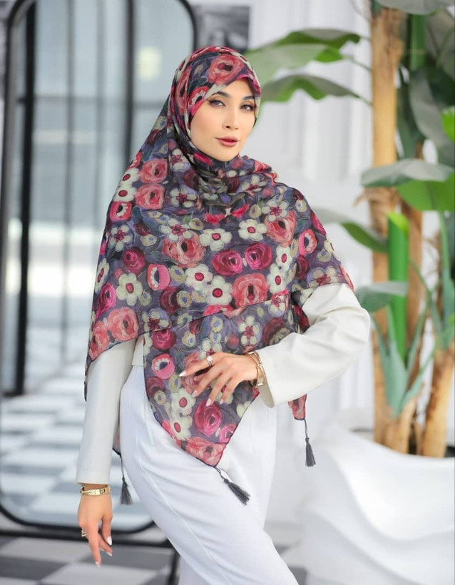روسری نخی قواره 140.طوسی صورتی
