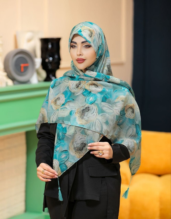 روسری نخی قواره 140.سبزسدری.فیروزه ای