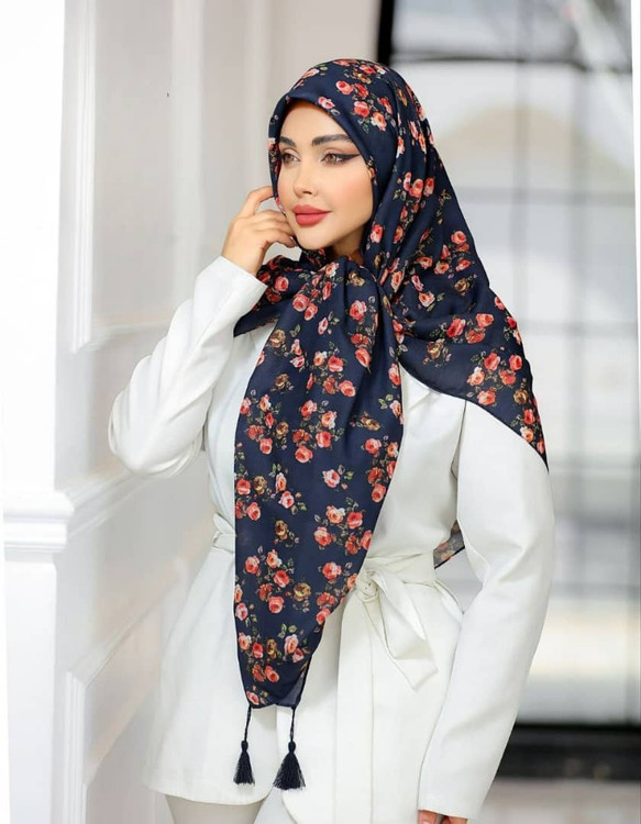 روسری نخی قواره 140.سورمه ایی تیره وگل قرمز