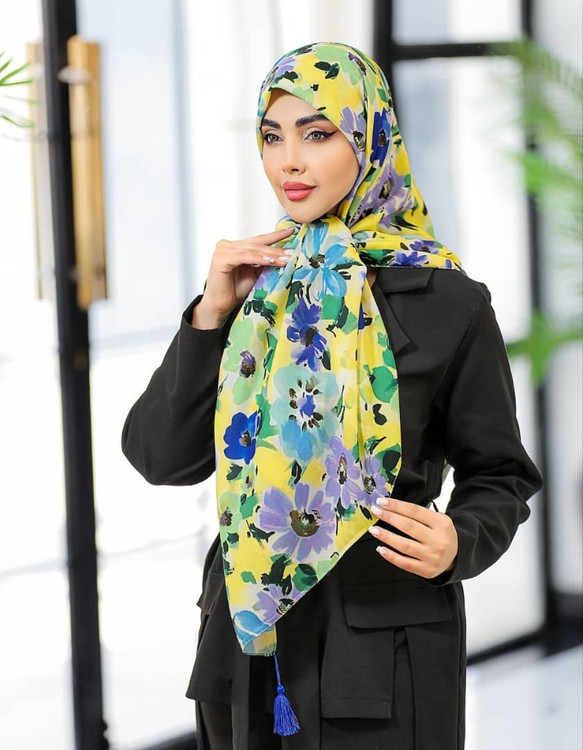 روسری نخی قواره 140.زرد.کاربنی